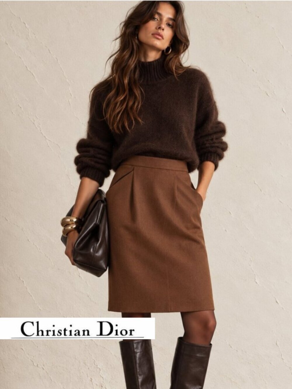 Vintage designer Christian Dior wool skirt. 90s camel color skirt.